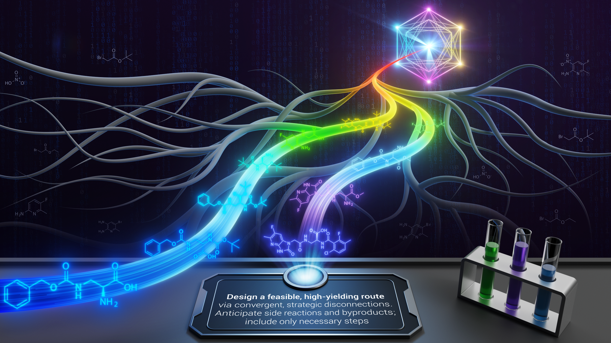 Representación conceptual de cómo la inteligencia artificial Synthegy explora múltiples rutas químicas y selecciona las más viables, imitando el razonamiento estratégico de los químicos.