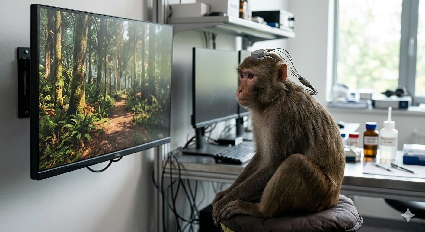Imagen conceptual de macaco equipado con un implante neuronal observando un entorno virtual que controla con su actividad cerebral, en un experimento que traduce señales del cerebro en navegación en tiempo real.