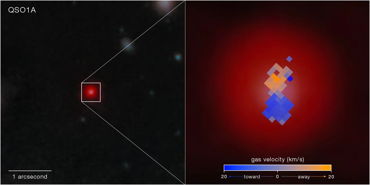 Detalle de QSO1 captado por el telescopio espacial James Webb y ampliado gracias al efecto de lente gravitacional del cúmulo Pandora (Abell 2744).
