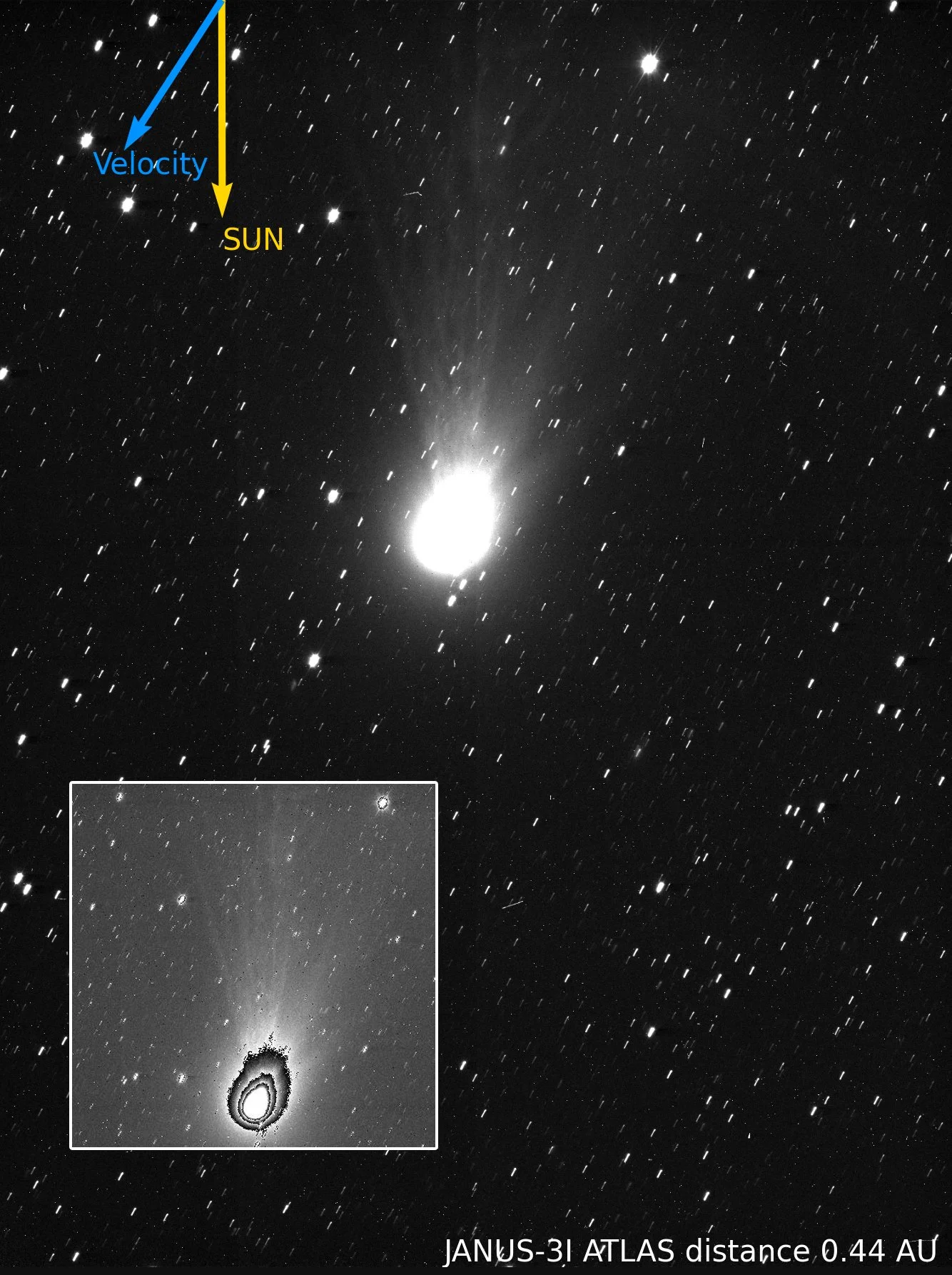 La cámara JANUS de la misión Juice captó el cometa interestelar 3I/ATLAS pocos días después de su máximo acercamiento al Sol.