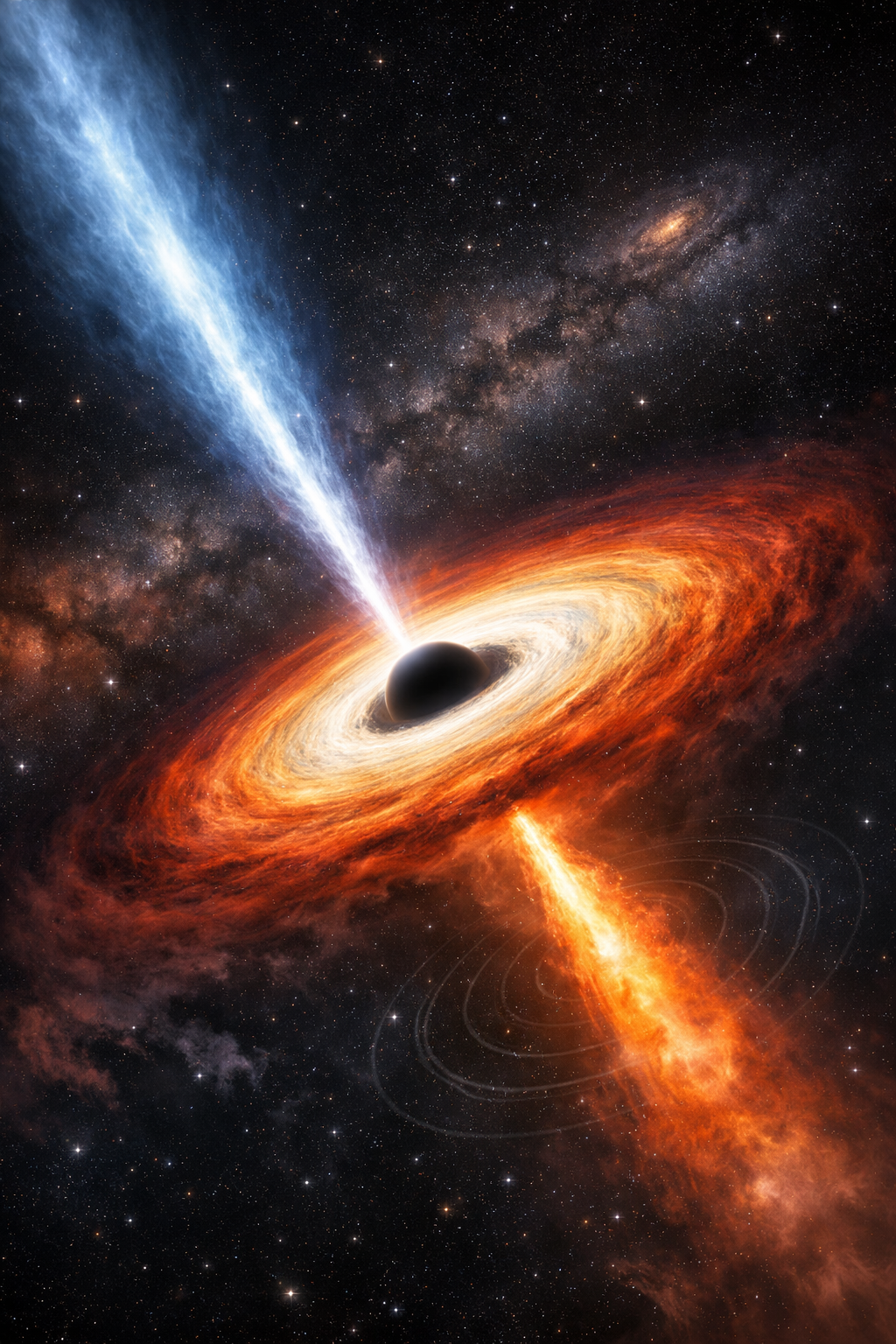 Ilustración artística del agujero negro supermasivo AT2018hyz, que tras devorar una estrella continúa expulsando enormes chorros de energía y radiación.