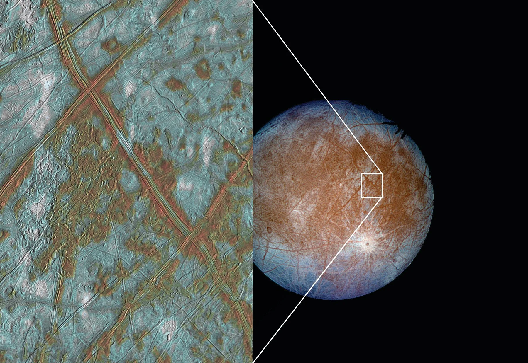 Vista de la superficie helada de Europa, la luna de Júpiter, en una imagen de la NASA.