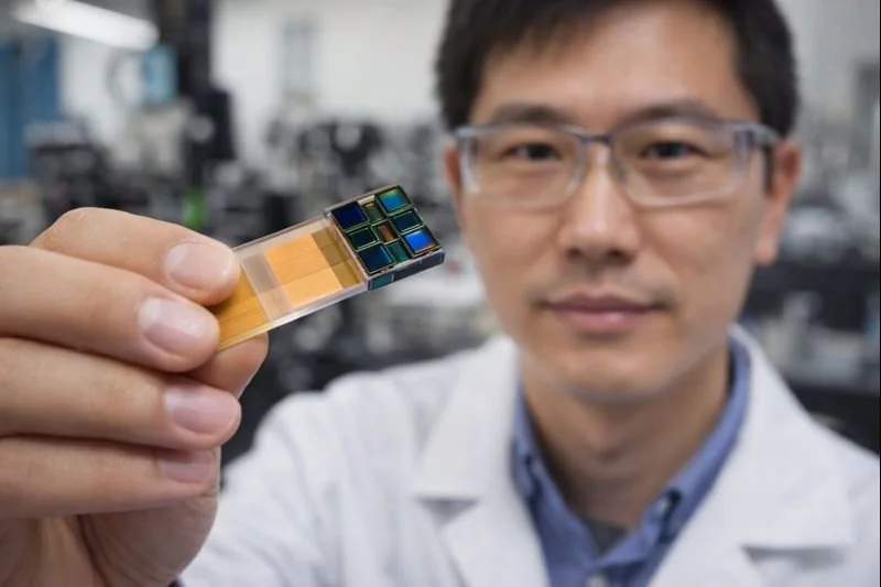 Imagen conceptual de un investigador sosteniendo un prototipo del sistema MASI, un sensor distribuido sin lentes capaz de reconstruir imágenes de alta resolución mediante sincronización computacional de fase.