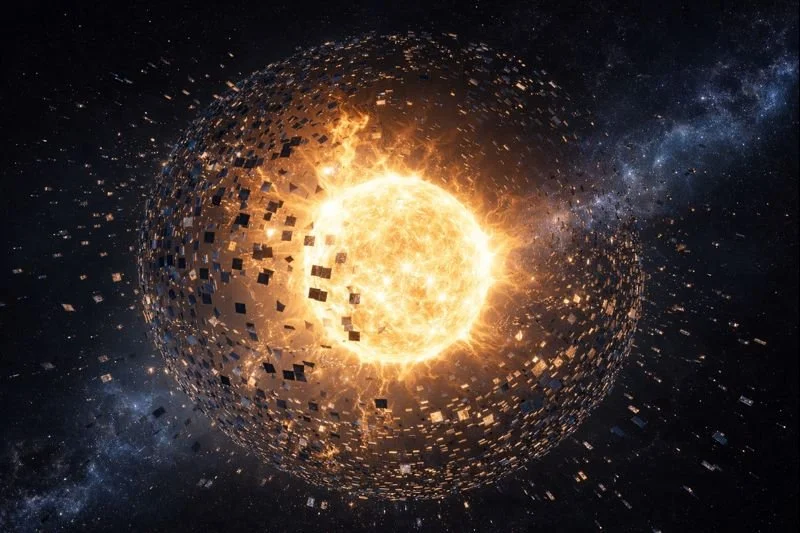 Representación artística de una esfera de Dyson: un enjambre denso de reflectores alrededor de una estrella, una configuración teóricamente capaz de aprovechar su energía pero intrínsecamente inestable si no está cuidadosamente diseñada.