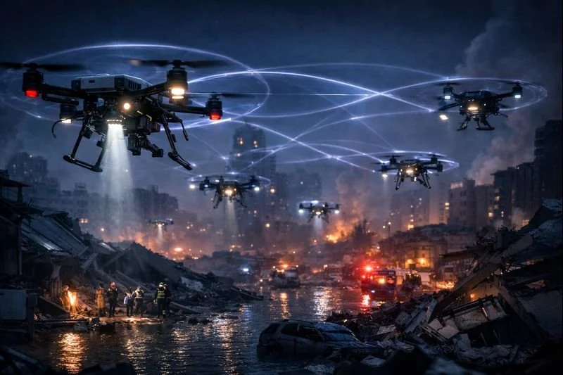 Ilustración conceptual de un enjambre de drones de rescate coordinados mediante entrelazamiento cuántico en un entorno sin infraestructura de comunicaciones.