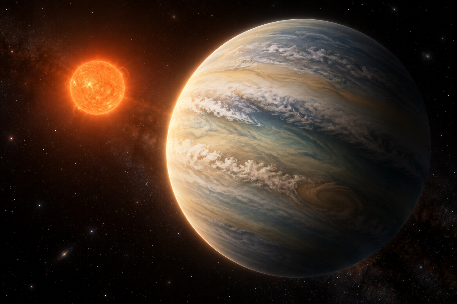 Recreación artística de HATS-6 b, un gigante gaseoso que orbita una pequeña estrella enana roja y cuya atmósfera ha revelado agua, metano y una rara señal de amoníaco gracias al James Webb.