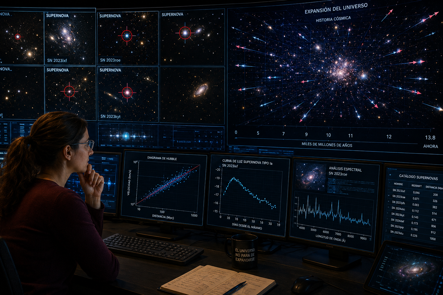 Recreación artística de una investigadora analizando datos de supernovas de tipo Ia en una sala de control astronómica.