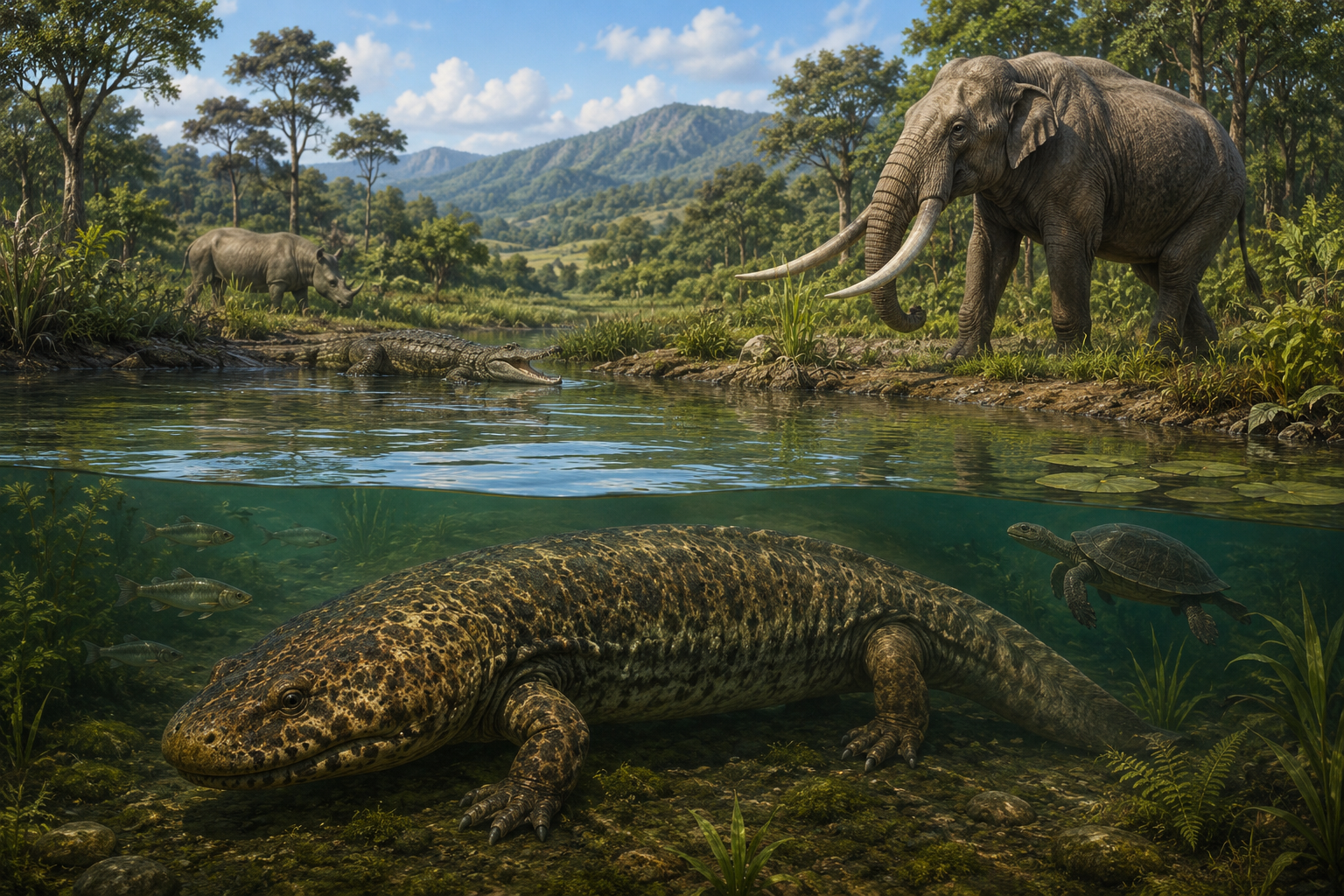 Recreación artística de Limnospondylus ajimuensis, la salamandra gigante que habitó los lagos y humedales subtropicales de Japón hace 3,5 millones de años.