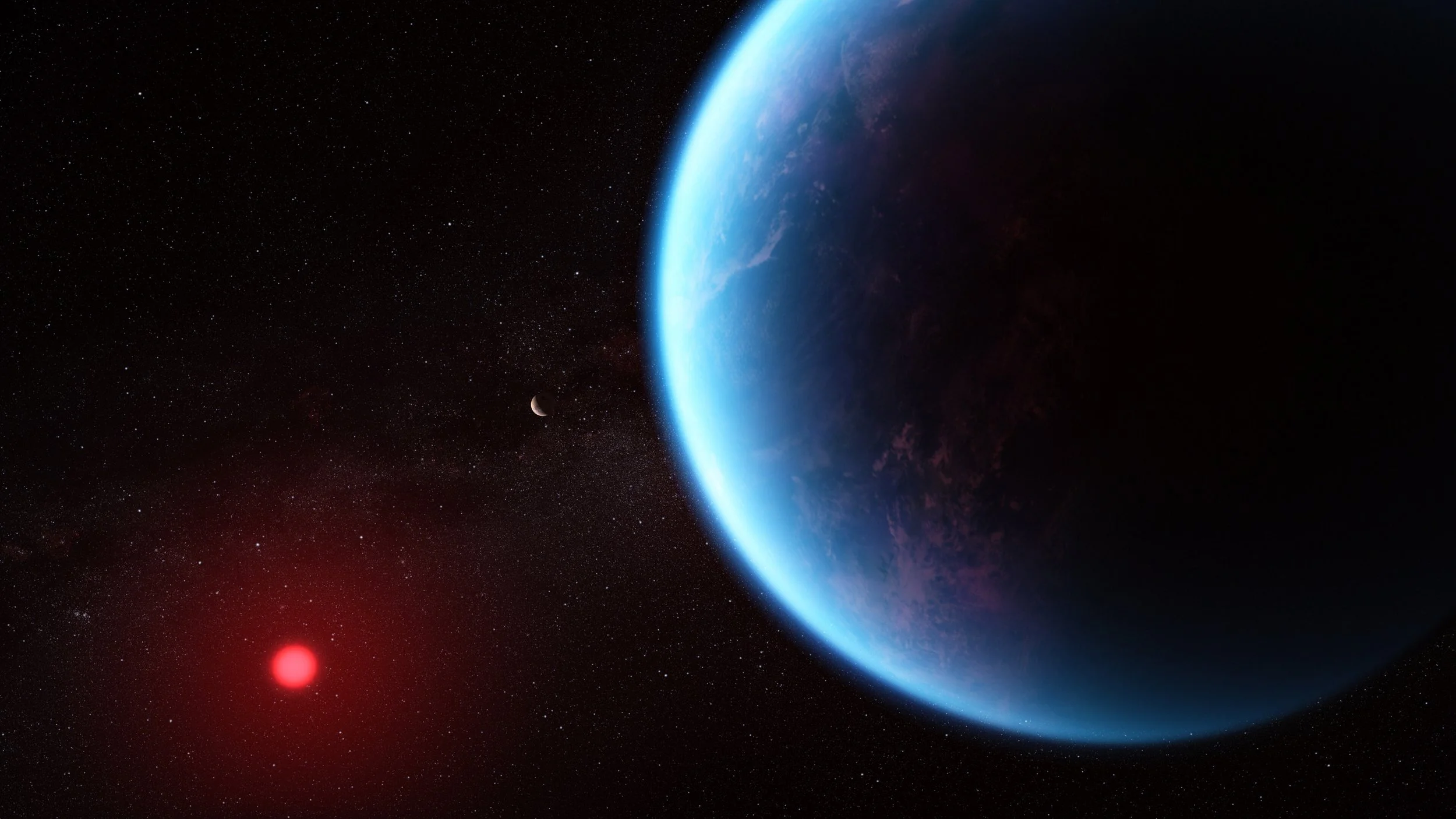 Representación artística del exoplaneta K2-18b, 8,6 veces más masivo que la Tierra y situado a 120 años luz. Orbita en la zona habitable de una estrella enana fría, según los datos científicos disponibles.