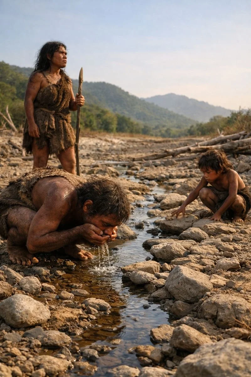 Una familia de Homo floresiensis busca agua en el lecho casi seco de un río en Flores, hace unos 60.000 años. Nuevos análisis paleoclimáticos indican que una sequía prolongada redujo drásticamente las fuentes de agua y las poblaciones de Stegodon.