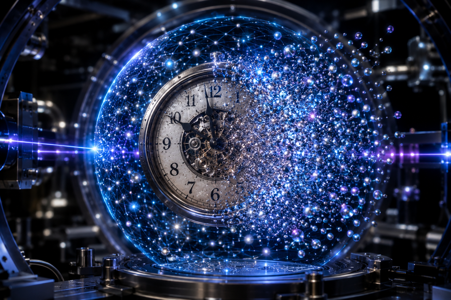 Ilustración conceptual de un universo cuántico en miniatura donde el tiempo emerge de las interacciones entre partículas.