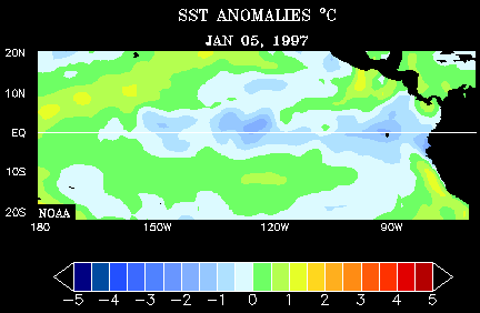 Animación de las anomalías de la temperatura superficial del mar durante el intenso episodio de El Niño de 1997-1998.