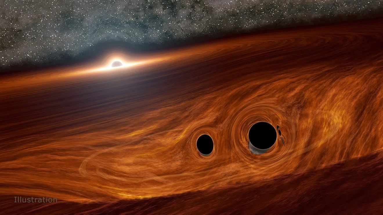 Recreación artística de dos agujeros negros que podrían fusionarse dentro del disco de gas que rodea a un agujero negro supermasivo. Estas colisiones son uno de los escenarios donde podría investigarse la reconexión gravitacional.