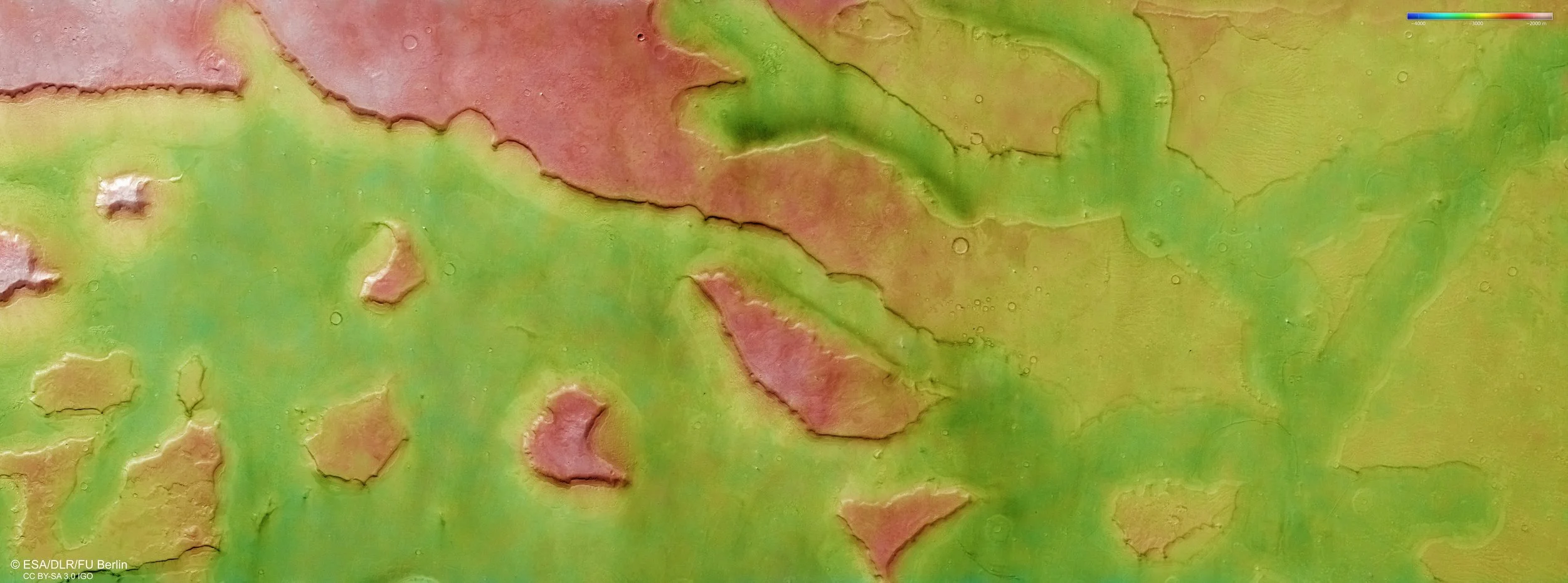 Mapa topográfico de Mamers Valles, uno de los mayores sistemas de cañones del hemisferio norte de Marte.