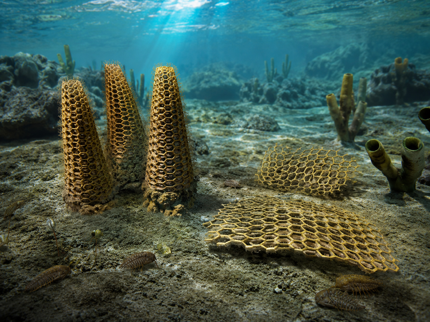 Reconstrucción artística de un arrecife del Cámbrico temprano hace unos 520 millones de años. En primer plano, colonias de los antiguos briozoos Protomelission gatehousei y Dayingomelission hexaclitia