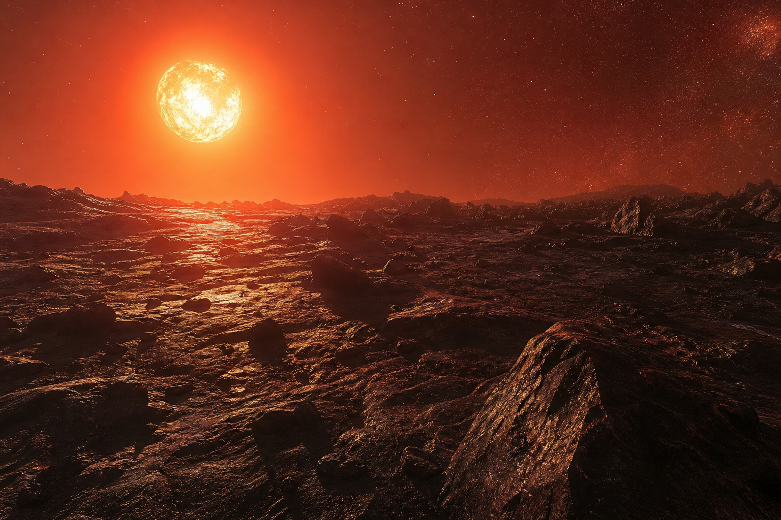 Recreación artística de la superficie de LHS 3844 b: un paisaje rocoso, oscuro y abrasado por la radiación de su estrella, sin atmósfera y sometido a temperaturas extremas en su cara permanentemente iluminada.