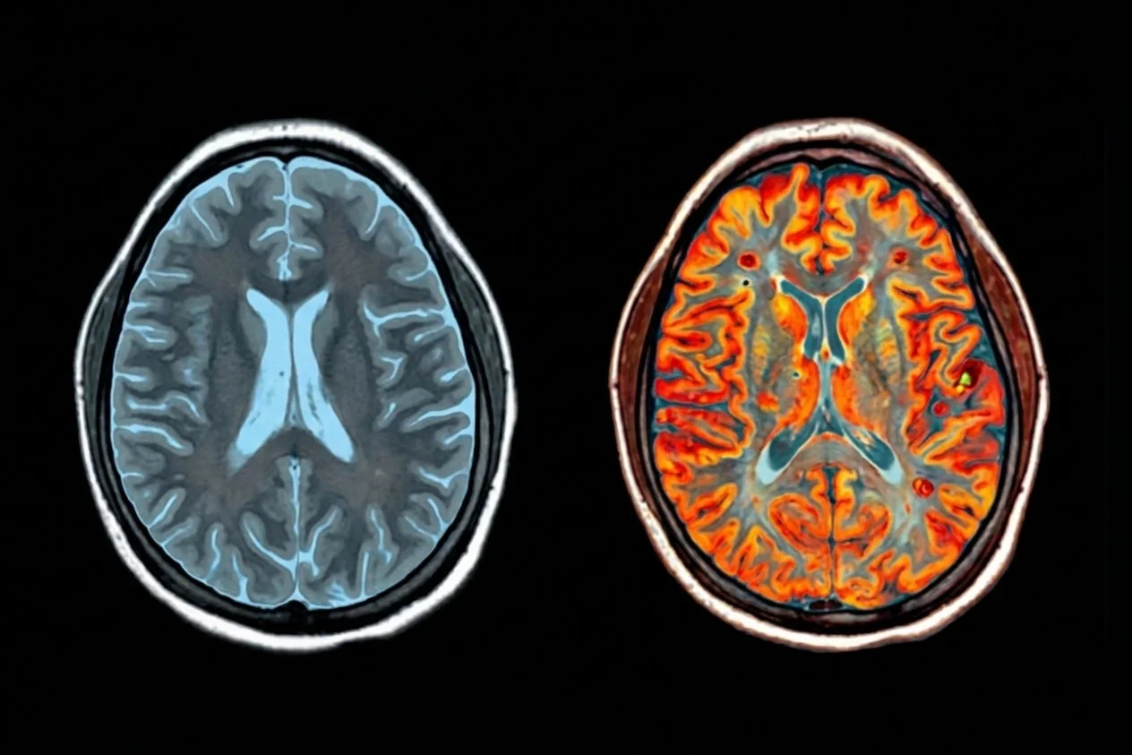 Imágenes de resonancia magnética coloreadas que muestran alteraciones cerebrales en una mujer con migraña crónica.