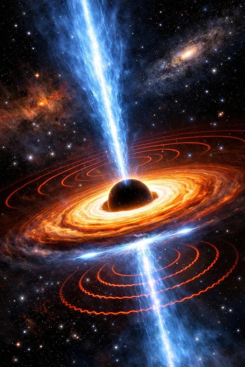 Ilustración artística de un agujero negro supermasivo en el universo primitivo, rodeado por un disco de acreción incandescente y atravesado por potentes chorros relativistas que emiten radiación en rayos X y ondas de radio