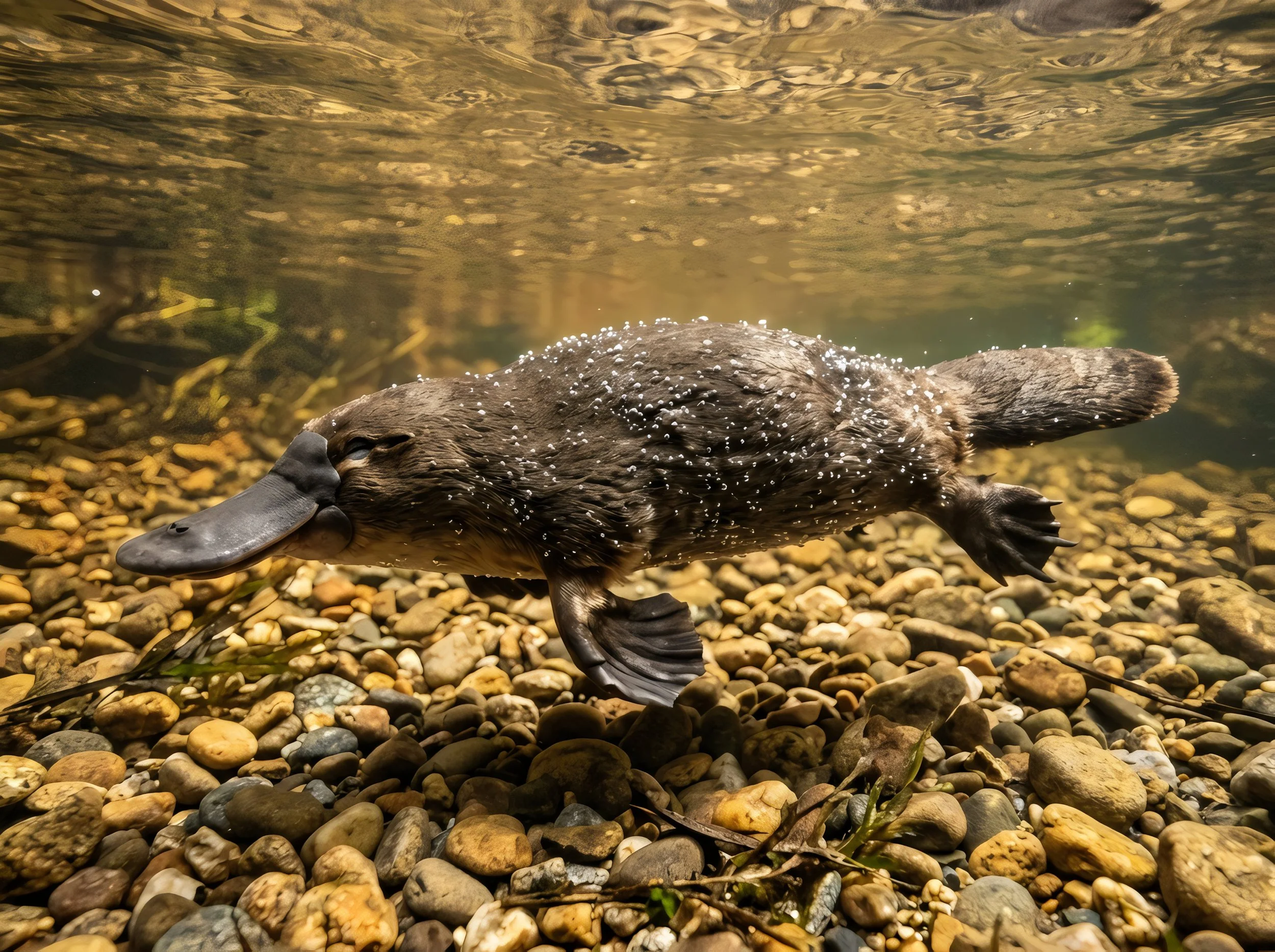 Un ornitorrinco nadando en aguas poco profundas: este singular mamífero semiacuático esconde en su pelaje una rareza microscópica —melanosomas huecos y esféricos— nunca vista en otros vertebrados.