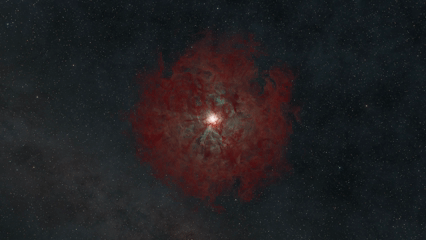 Animación de una estrella que colapsa y da origen a un agujero negro invisible en el centro, rodeado por una envoltura de polvo que se aleja mientras el gas es atraído hacia su interior.