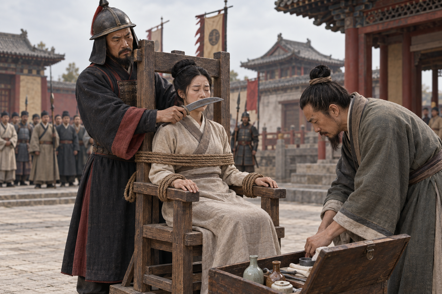 Recreación realista de una escena hipotética de amputación nasal punitiva durante la dinastía Yuan, con personal médico preparado para atender a la condenada.
