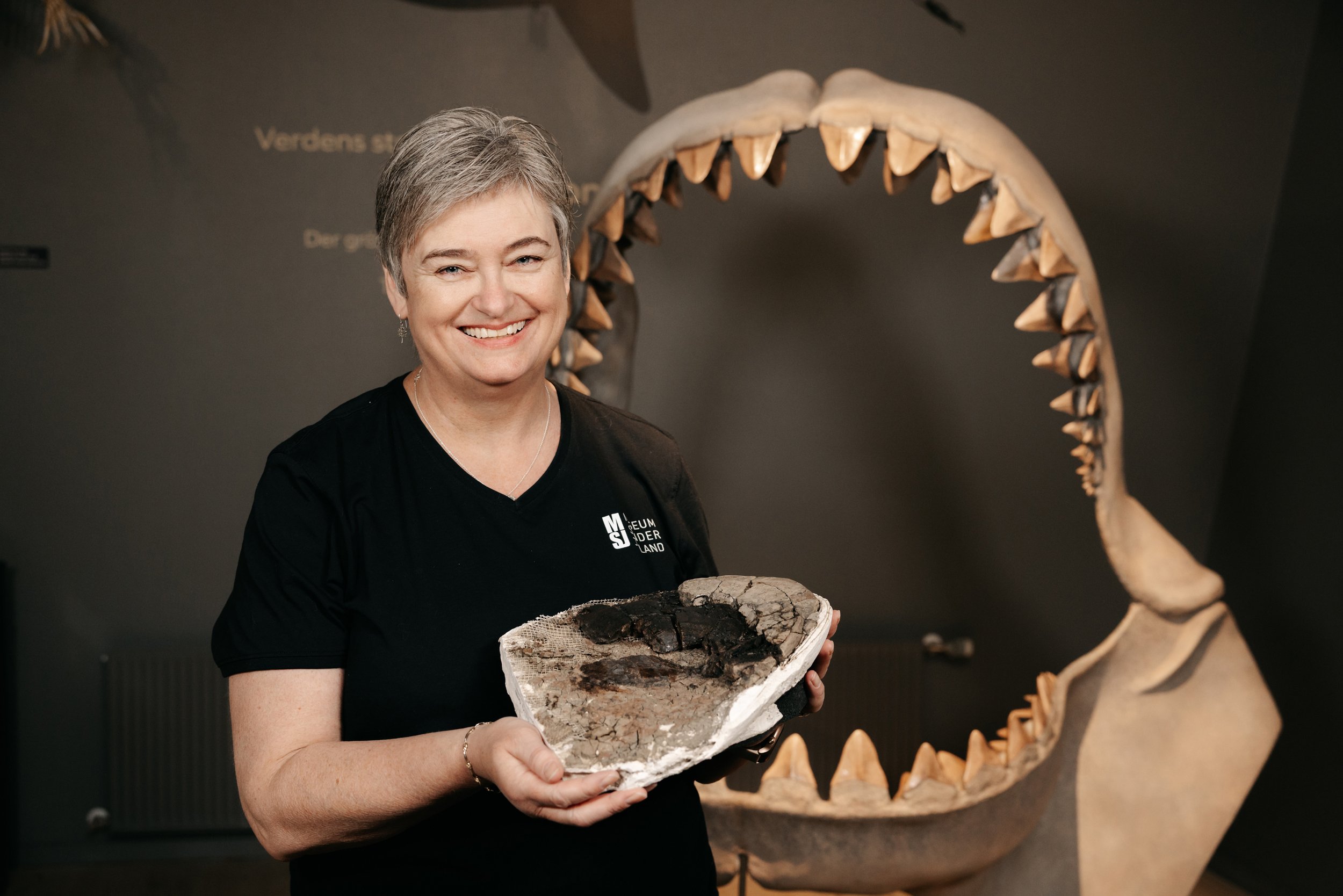 La paleontóloga Mette Elstrup sostiene una de las gigantescas vértebras fosilizadas de Otodus megalodon. Al fondo, una reconstrucción de la mandíbula del mayor tiburón que ha existido.