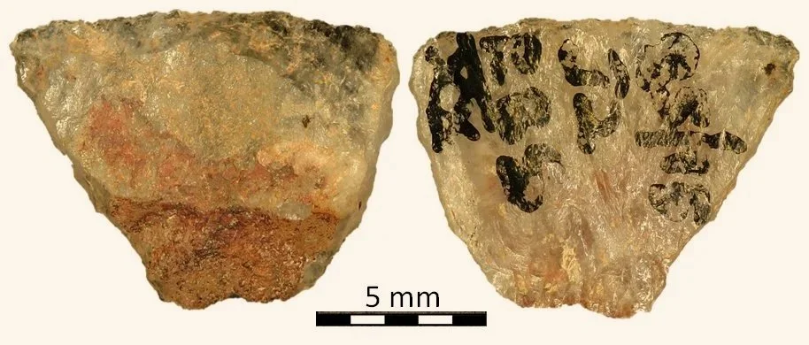 Ambas caras de una de las puntas de flecha analizadas en el estudio. En la imagen de la izquierda se aprecian los restos orgánicos en los que se identificaron los residuos de veneno vegetal.