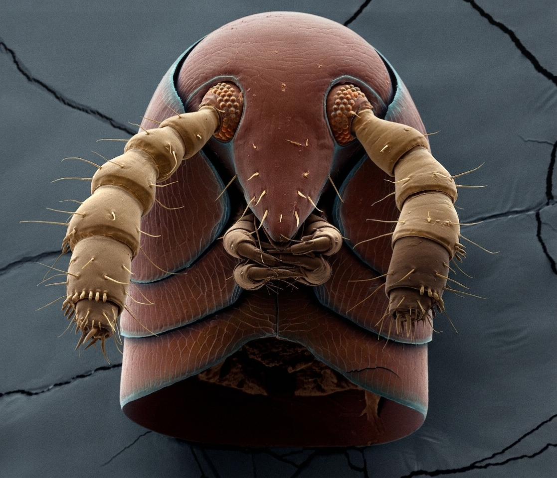 Micrografía coloreada de Hirudicryptus canariensis, una de las escurridizas especies cuya secuenciación genética permitió completar por primera vez el árbol evolutivo de todos los órdenes actuales de milpiés.