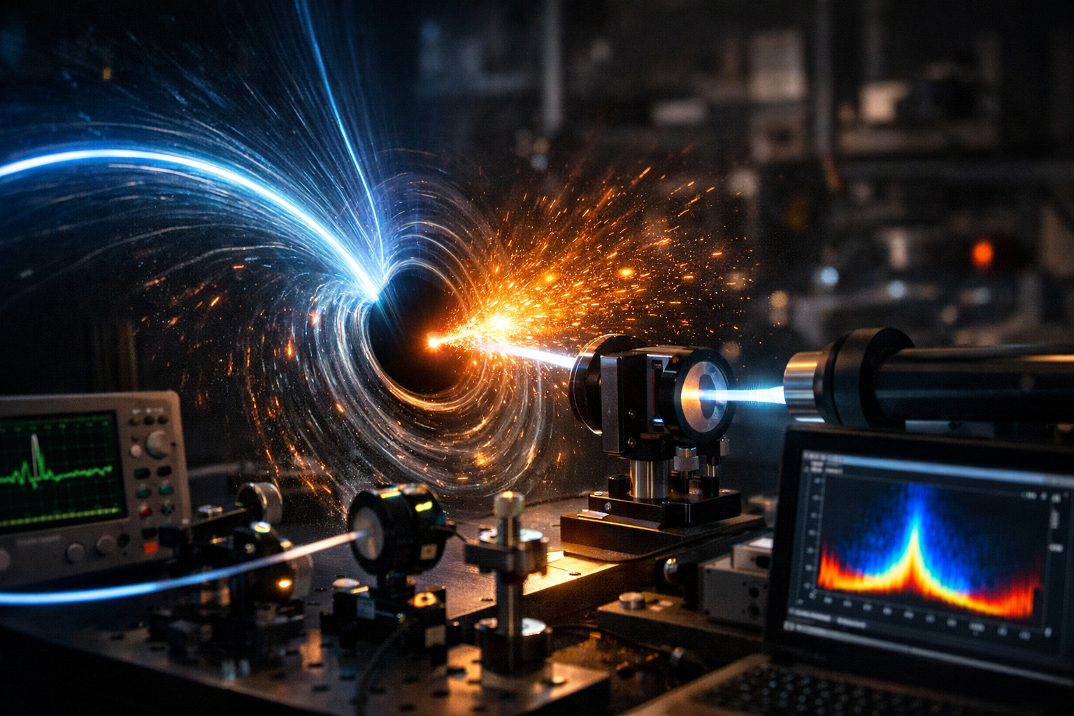 Imagen conceptual de la simulación óptica del horizonte de sucesos en laboratorio: un haz de luz azul se curva como si cayera en un agujero negro artificial, mientras partículas doradas emergen del centro representando la radiación de Hawking.