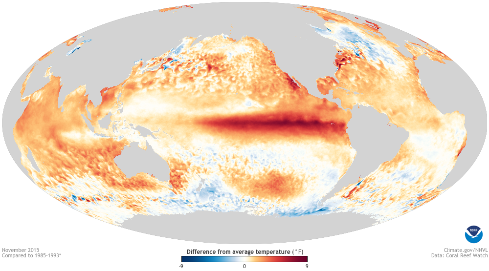 Mapa global de las anomalías de la temperatura superficial del mar en noviembre de 2015, durante uno de los episodios de El Niño más intensos registrados.