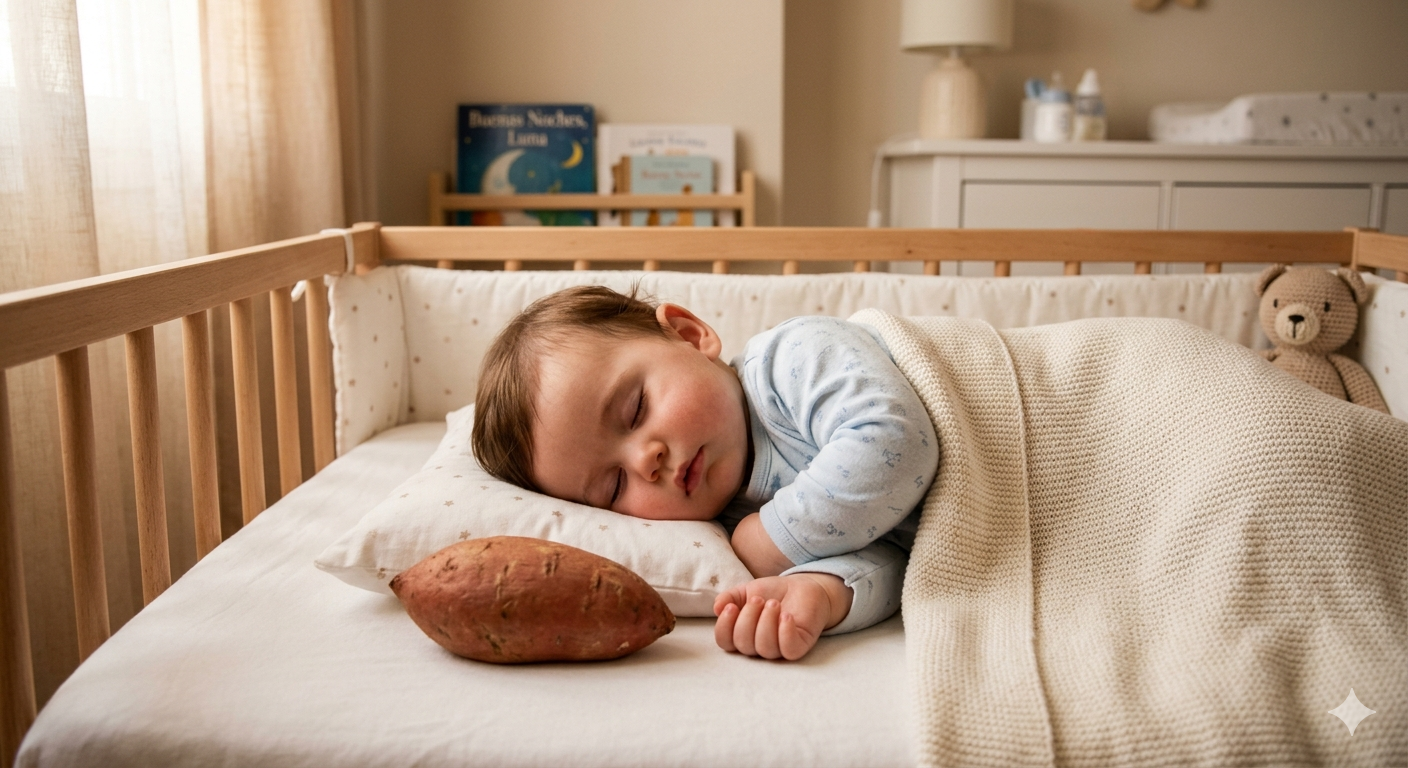 Un bebé duerme en su cuna junto a una batata, símbolo del estudio que sugiere que este alimento rico en prebióticos podría reducir el tiempo que los bebés permanecen despiertos por la noche, aunque sin eliminar los despertares.