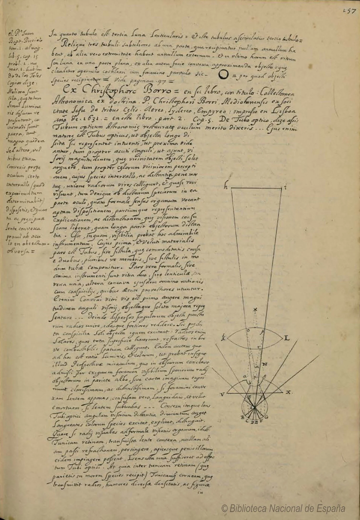 Segunda página de De Tellescopiis Stellarum (1666), en la que Ignacio Muñoz completa la descripción del telescopio atribuido a Galileo; el resto contiene notas sobre una obra astronómica de Cristoforo Borr
