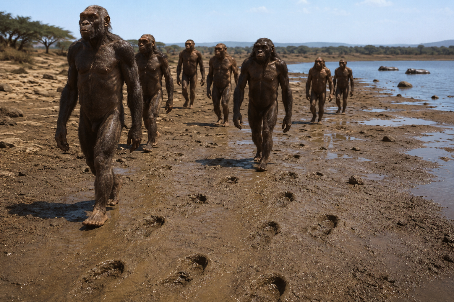 Reconstrucción artística de un grupo de Paranthropus boisei caminando por los márgenes fangosos del antiguo lago Turkana hace 1,43 millones de años