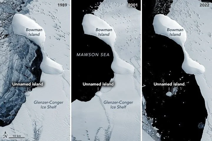 Tres imágenes de los satélites Landsat muestran cómo la desaparición de las plataformas de hielo Glenzer y Conger, en la Antártida oriental, dejó al descubierto entre 1989 y 2022 una posible isla hasta entonces oculta bajo el hielo.