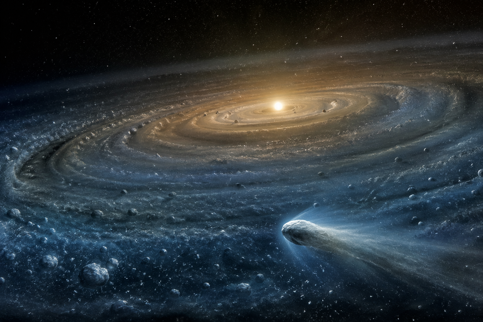 Recreación artística del cometa interestelar 3I/ATLAS en su sistema de origen, un entorno frío y poco irradiado donde se formó su peculiar agua rica en deuterio.