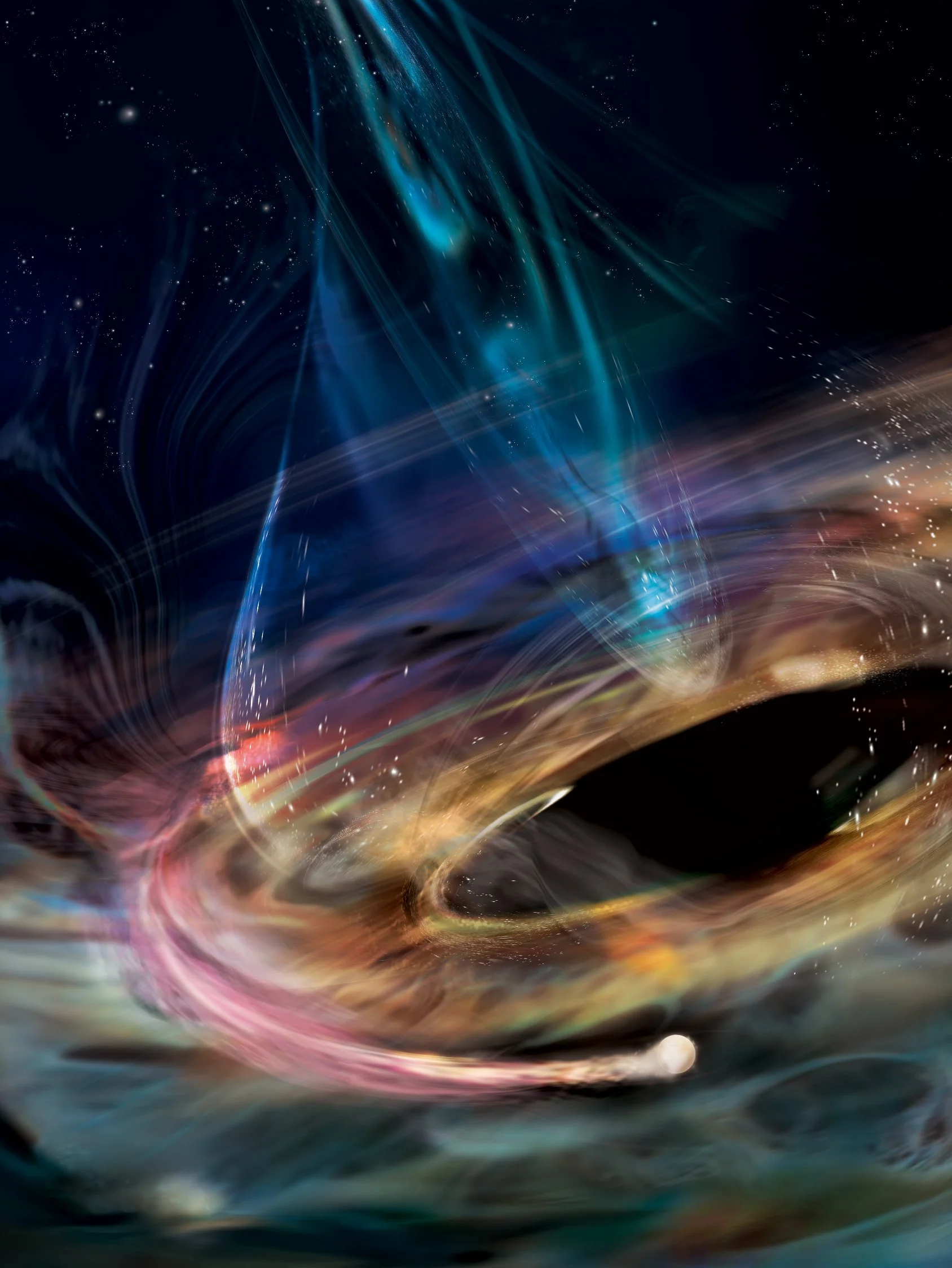 Recreación artística de una enana blanca perdiendo materia mientras orbita el agujero negro supermasivo de la galaxia 1ES 1927+654.