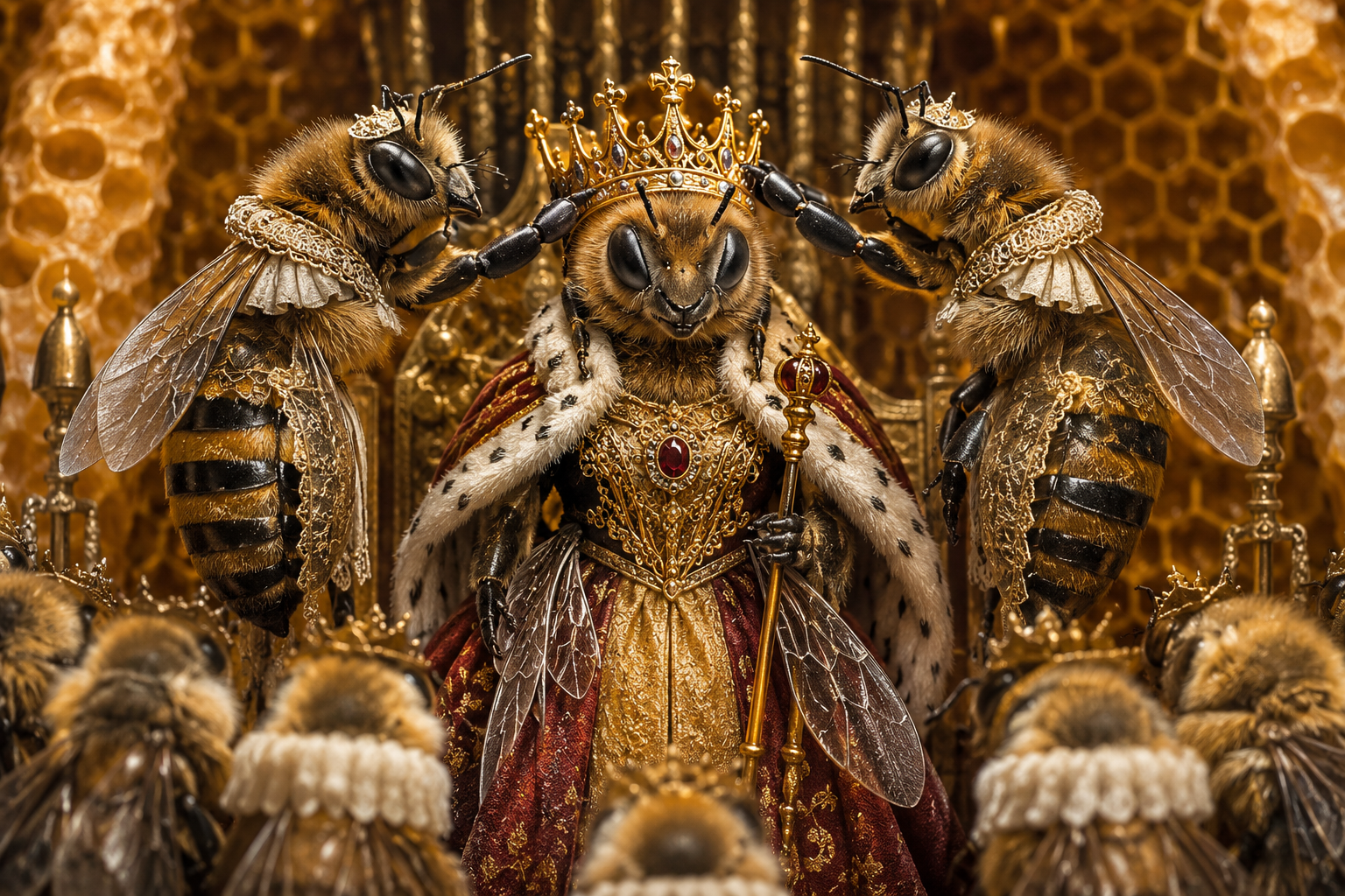 Ilustración artística inspirada en los hallazgos del estudio: una abeja reina humanizada es coronada en el interior de un panal mientras obreras especializadas actúan como una auténtica corte real.