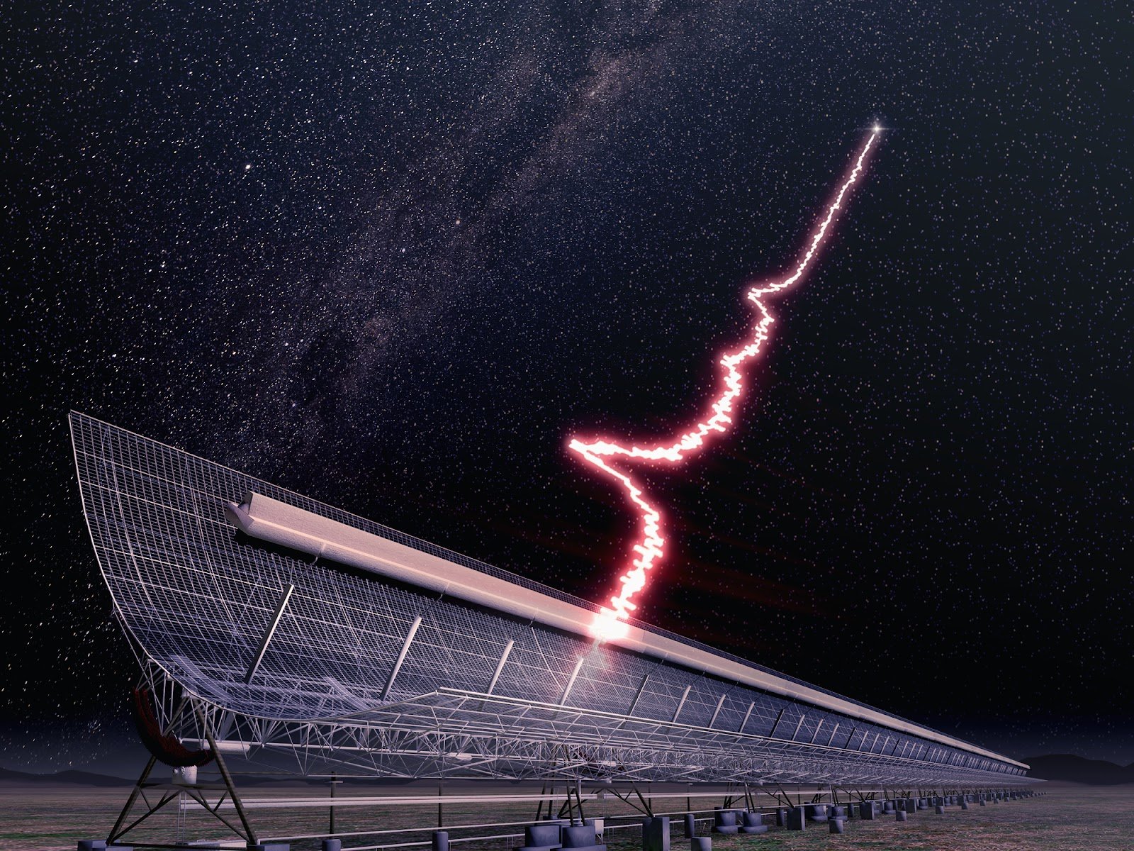 Ilustración artística: el radiotelescopio canadiense CHIME detecta las ráfagas rápidas de radio (FRB), brevísimos destellos procedentes de galaxias lejanas.