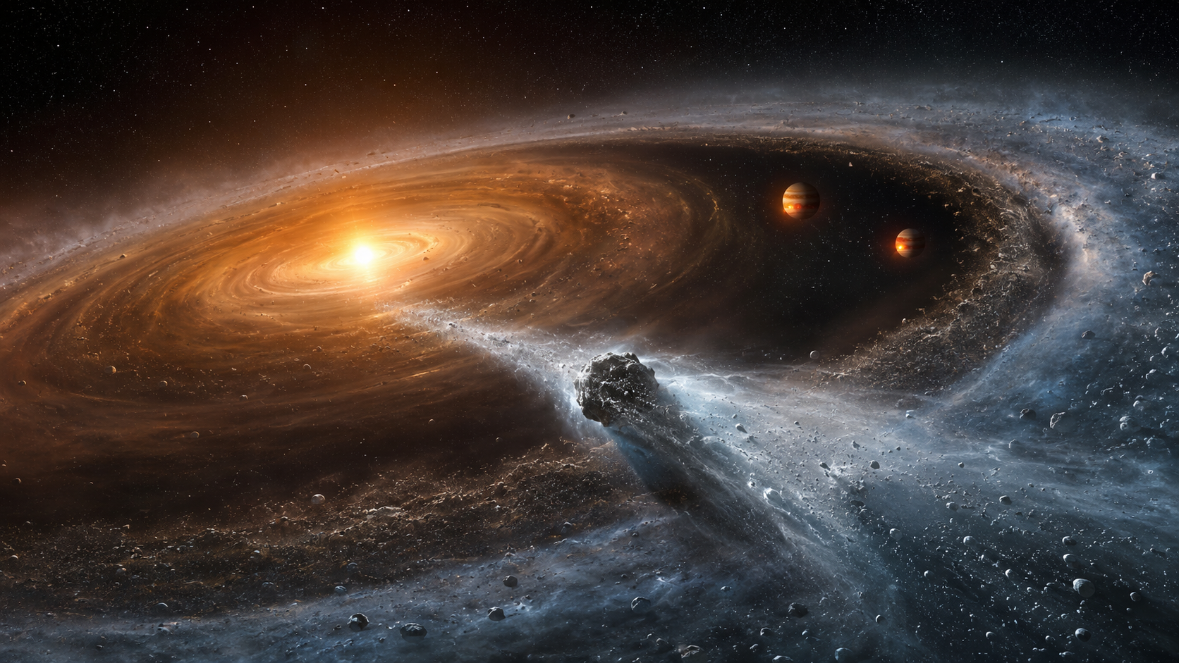 Recreación artística del joven sistema PDS 70: la gravedad de sus planetas gigantes podría lanzar cometas ricos en hielo desde el disco exterior hacia la región donde nacen mundos rocosos.