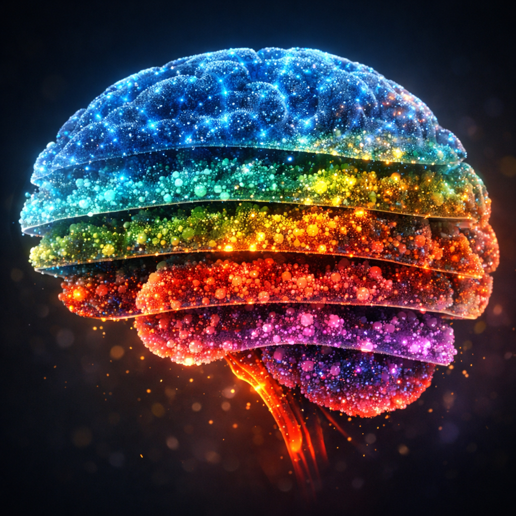 Ilustración conceptual de un atlas celular del cerebro: cada capa representa distintos tipos de células y cambios epigenéticos que se producen en el encéfalo a medida que envejece.