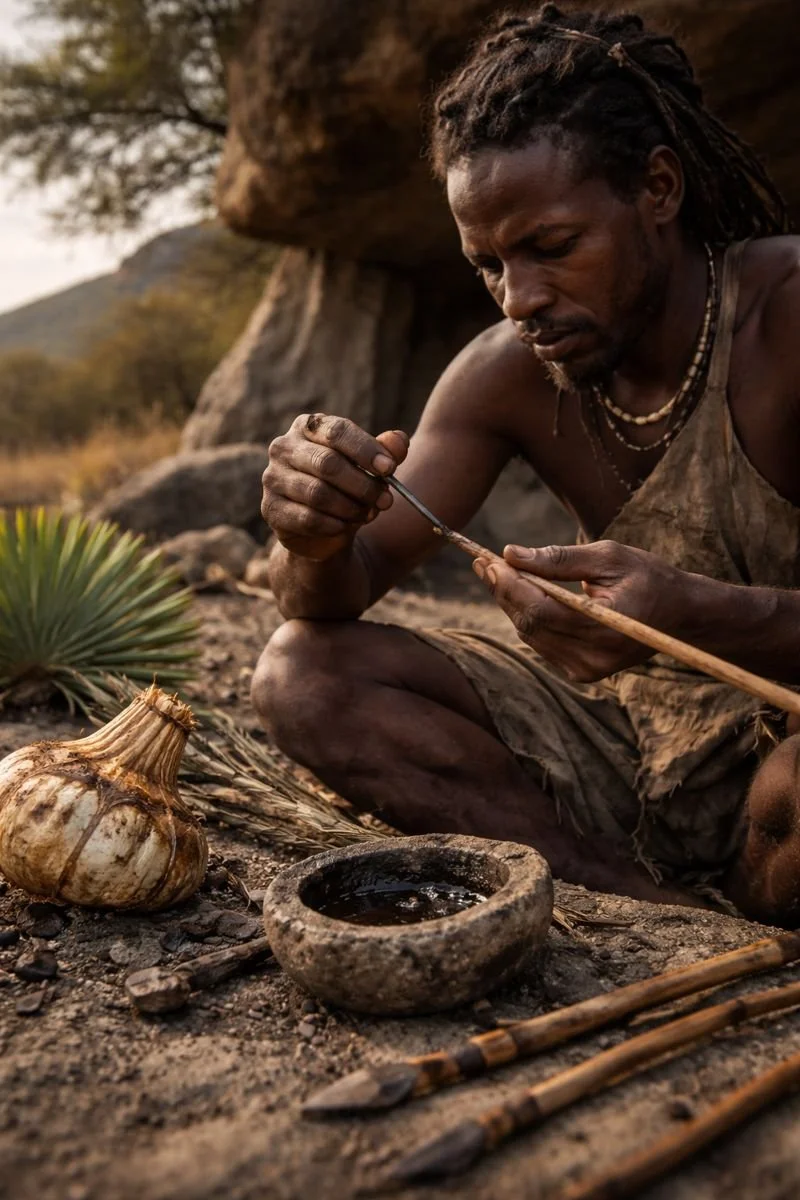 Recreación artística de un cazador del Pleistoceno en el sur de África preparando una flecha envenenada con extracto vegetal.