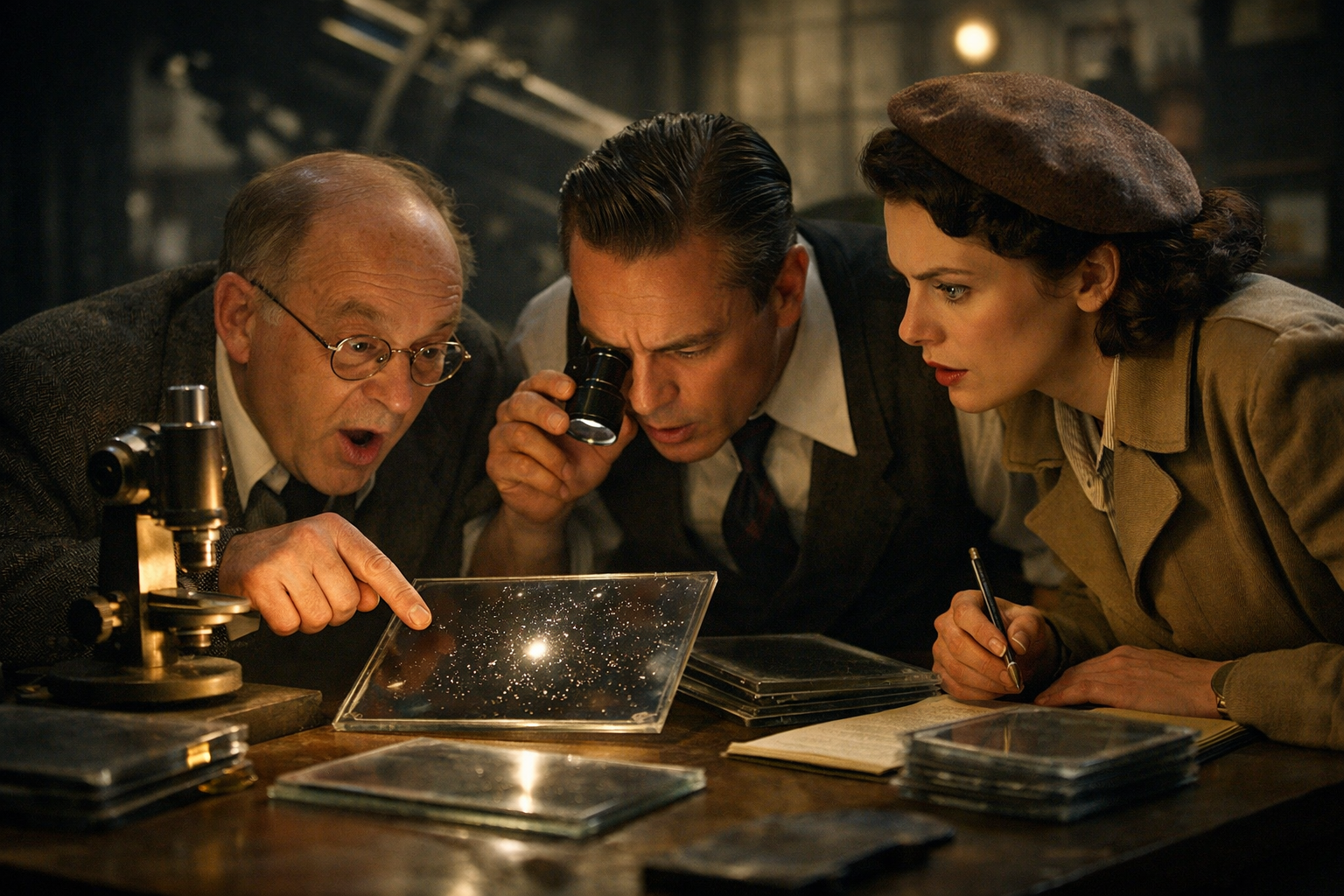 Recreación artísitica de unos astrónomos examinando placas fotográficas en un observatorio durante los años 50: en una de ellas, un inesperado punto de luz podría corresponder a uno de los misteriosos destellos fugaces registrados en aquella época.