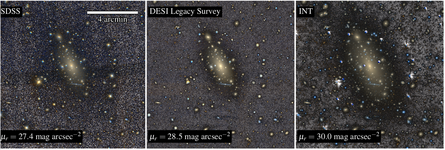 Comparación de tres generaciones de imágenes de la galaxia gigante IC 1101. De izquierda a derecha, observaciones del SDSS, DESI Legacy Survey y el nuevo estudio con el Telescopio Isaac Newton (INT).