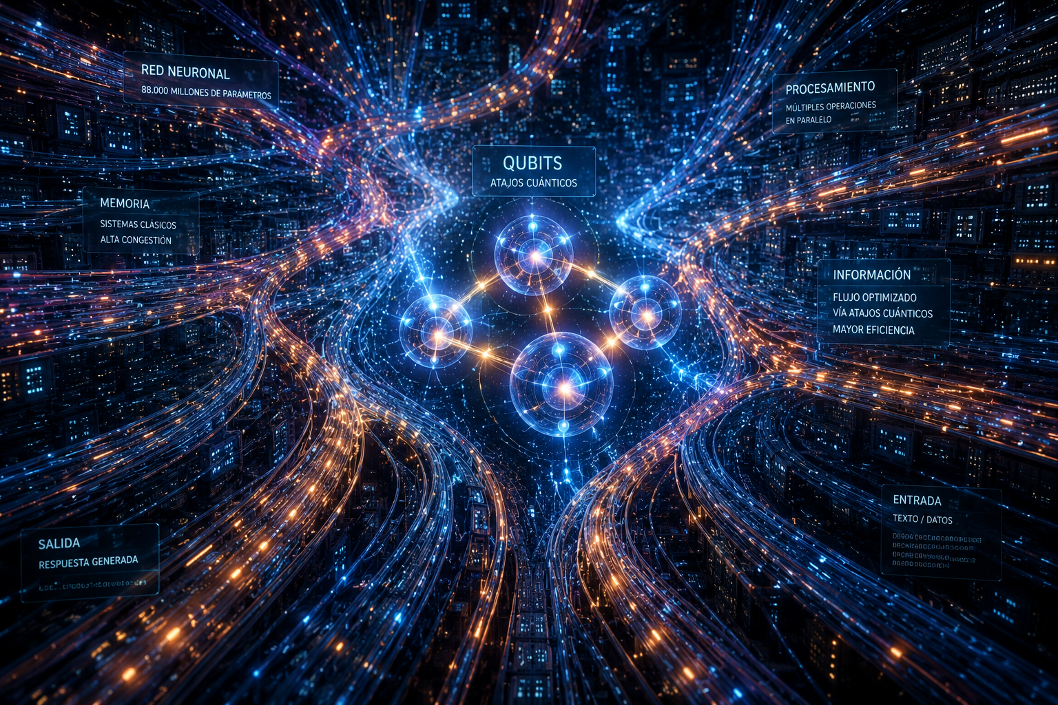 Los flujos luminosos simbolizan las complejas conexiones de un gran modelo lingüístico, mientras que los qubits actúan como atajos cuánticos capaces de reorganizar la información de forma más eficiente.