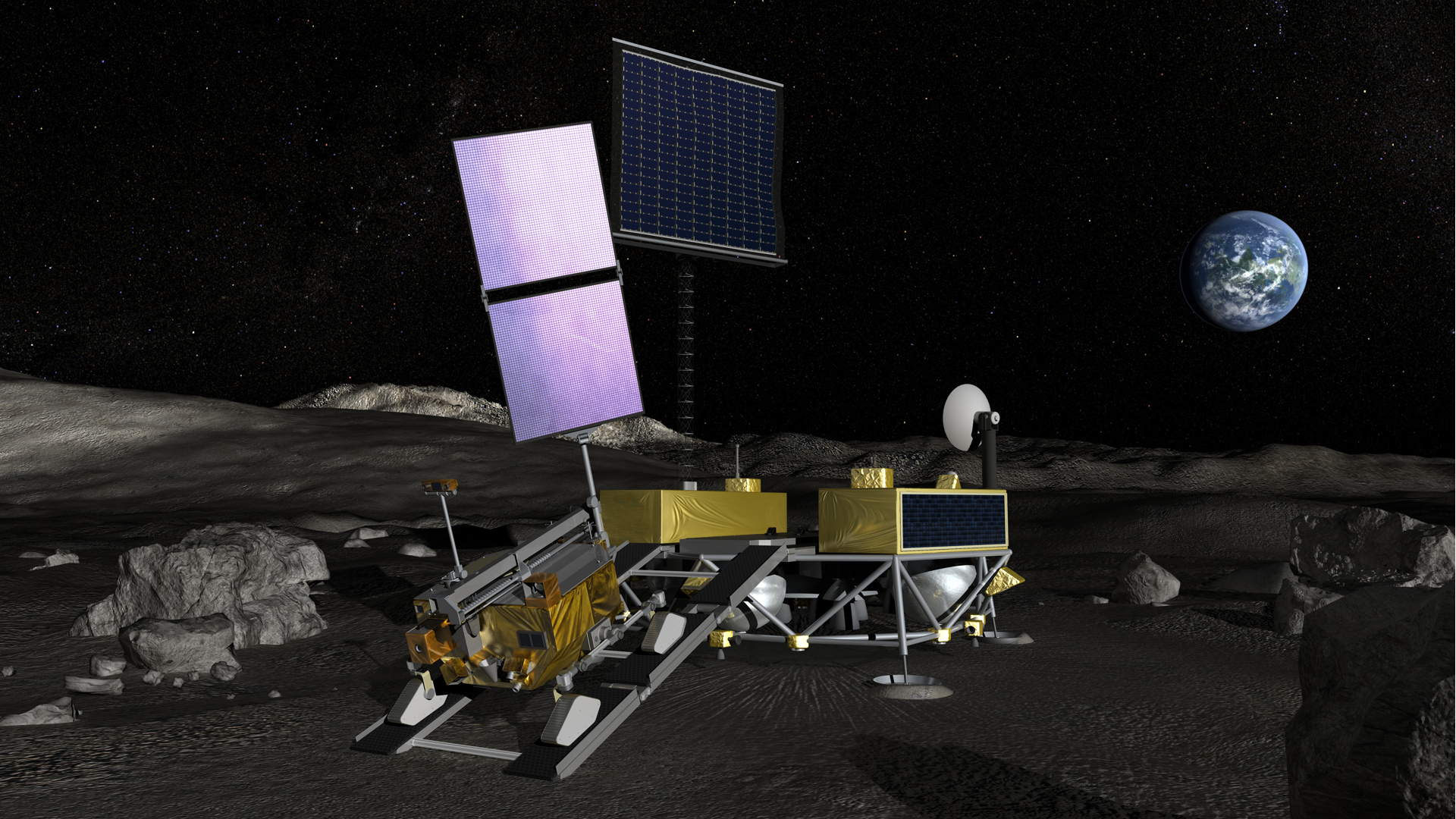 Recreación de la misión Lunar Polar Exploration (LUPEX), desarrollada conjuntamente por Japón y la India para analizar el hielo de agua y otros recursos del polo sur lunar.