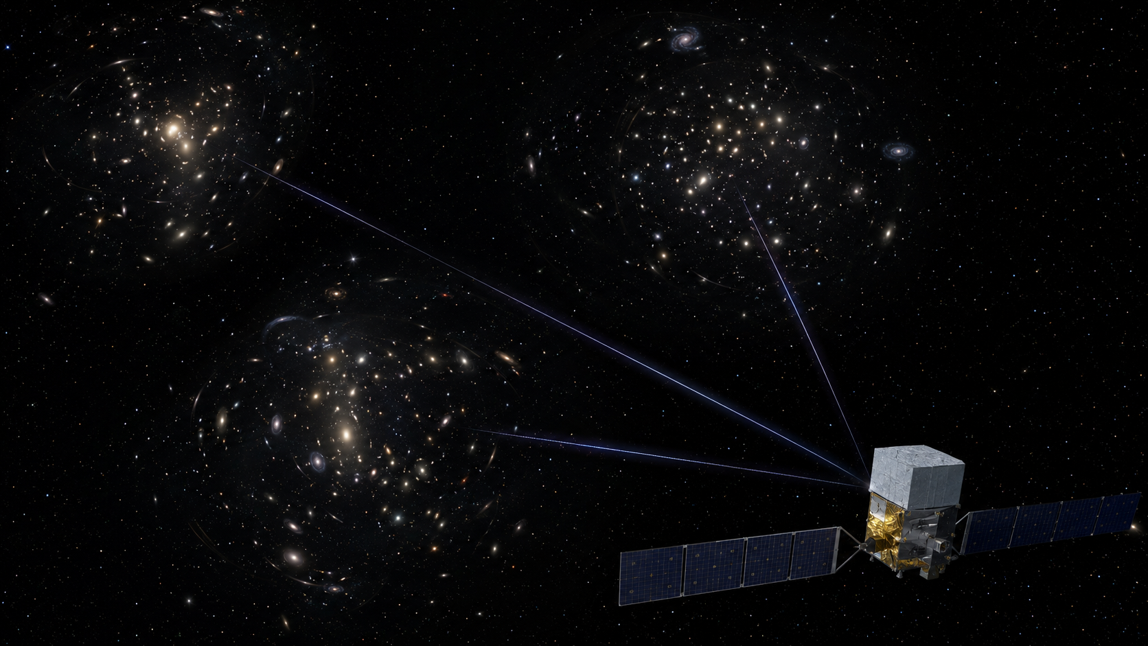 Recreación artística del telescopio espacial Fermi captando una estrecha señal de rayos gamma procedente de los cúmulos de Virgo, Fornax y Ofiuco.