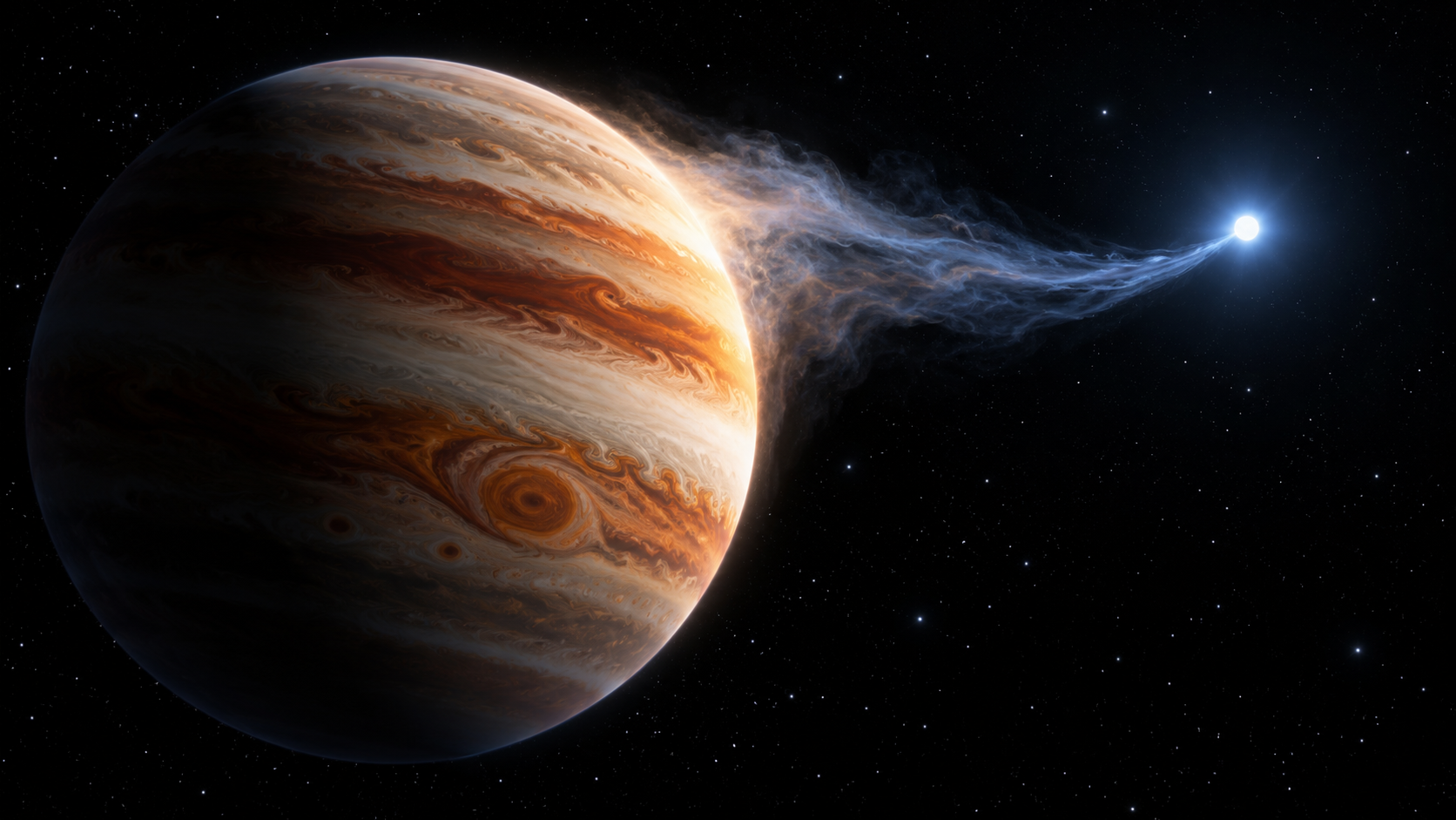 Recreación artística del posible planeta de segunda generación asociado a HS 0209+0832. La radiación de la enana blanca estaría arrancando gas de su atmósfera, parte del cual caería sobre el remanente estelar.