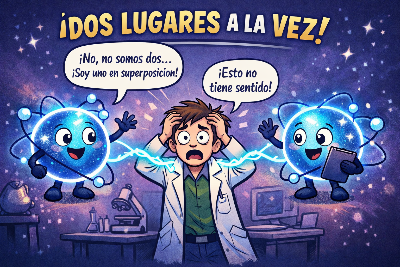 Ilustración de dos átomos duplicados y conectados por un hilo cuántico, una metáfora visual del fenómeno de superposición y entrelazamiento que permite que una partícula exista en varios lugares a la vez y permanezca vinculada a otra a distancia.