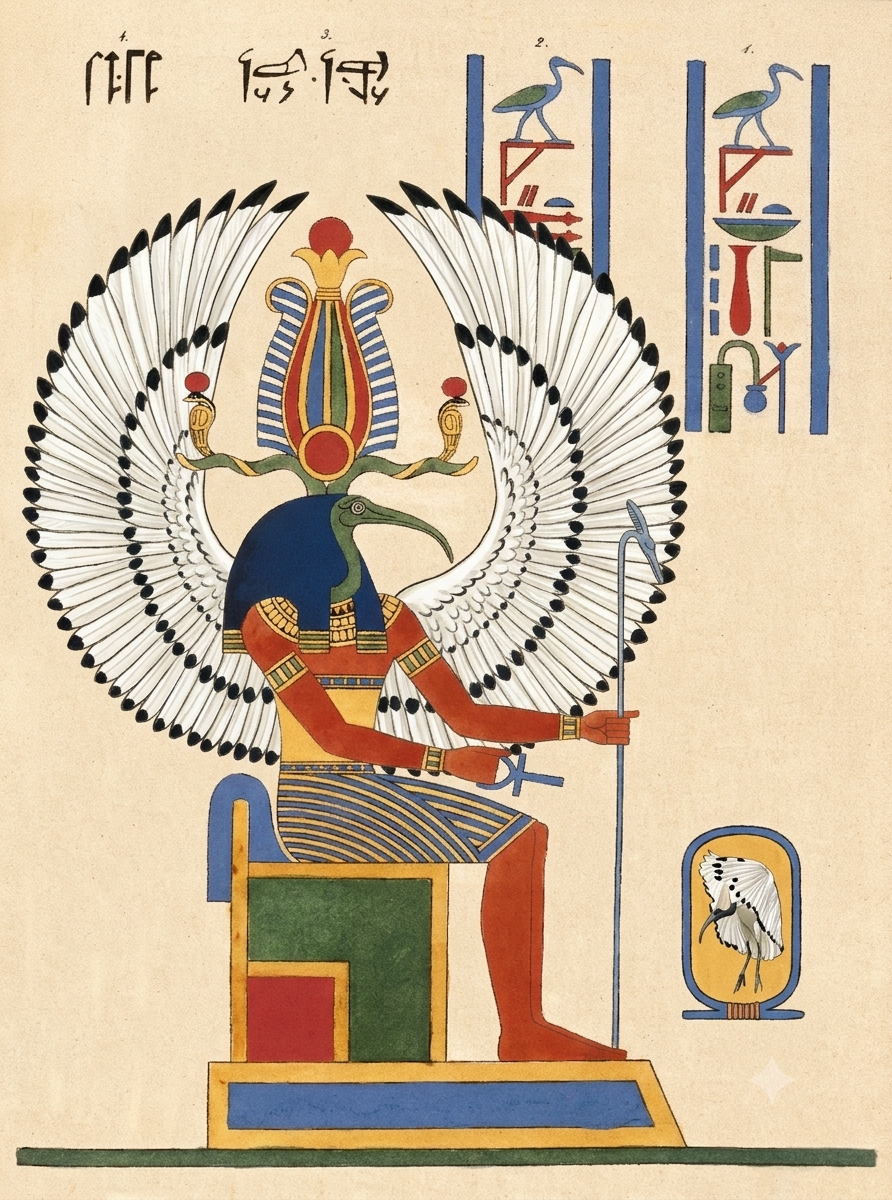 Representación del dios egipcio Thot con cabeza de ibis, símbolo de la sabiduría, la escritura, la magia y la Luna.