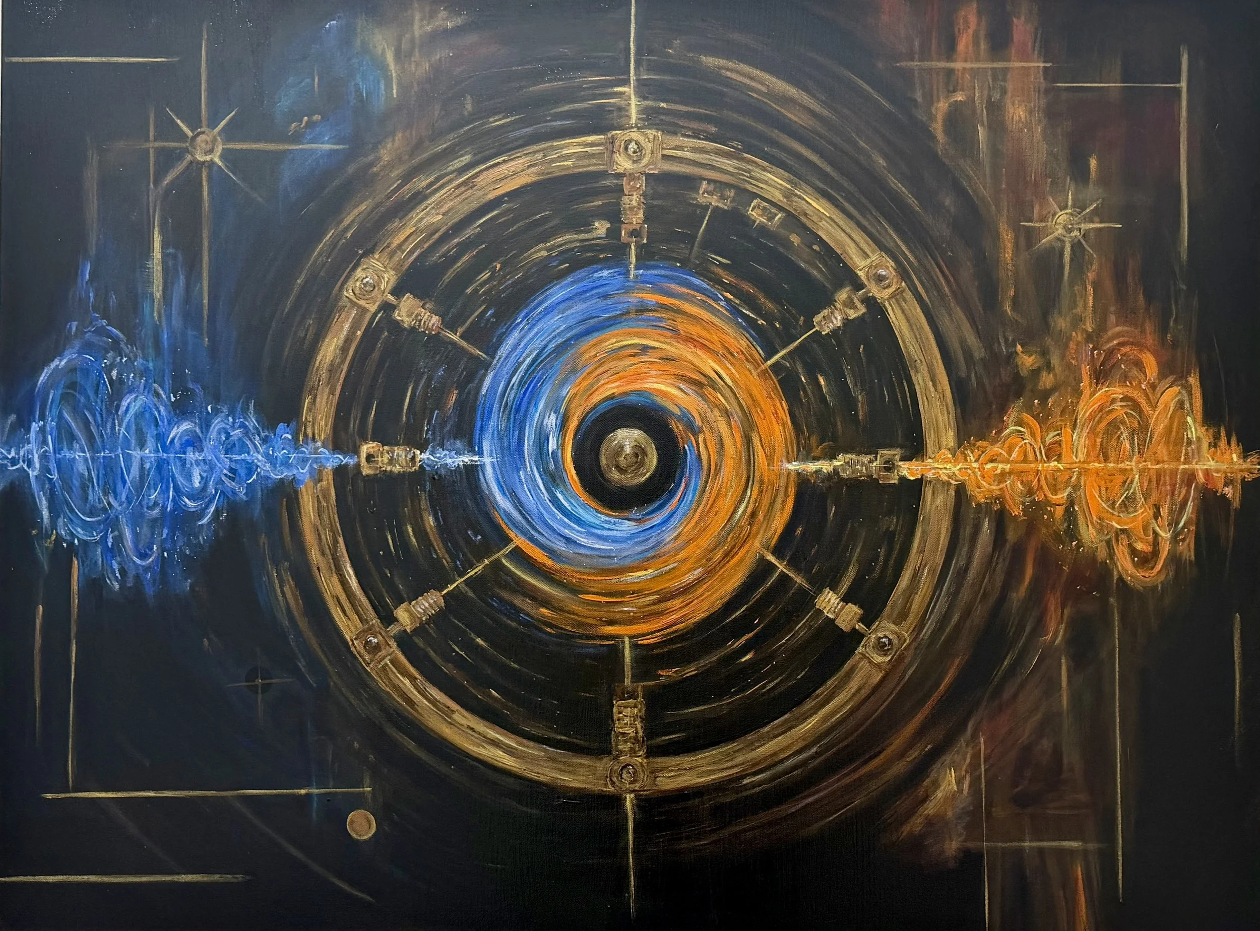 Representación artística del proceso de superradiancia de Penrose-Zel'dóvich: ondas electromagnéticas con un patrón de rotación específico extraen energía de una rotación sintética y se amplifican